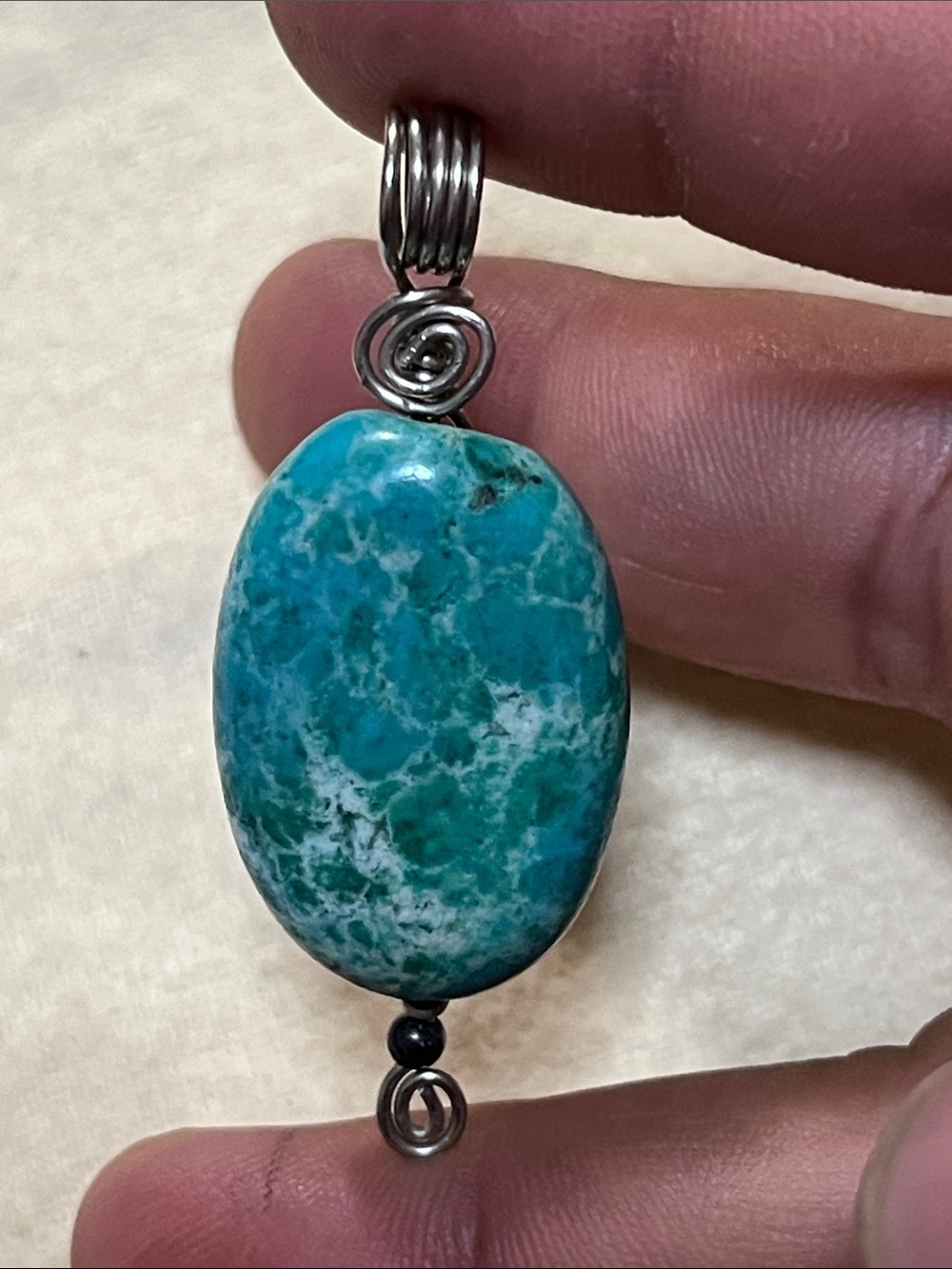 Turquoise Blue Oval Stone Pendant Necklace with Silver Spiral Accents